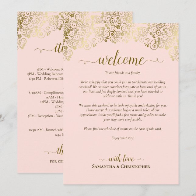 Elegante Pink- und Gold-Hochzeitsbegrüßung und -Pr Programm (Vorne/Hinten)