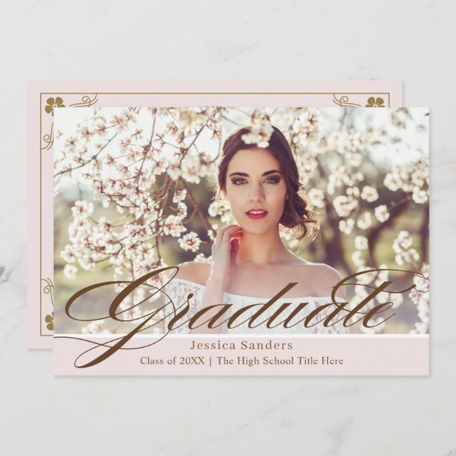 Elegante Pink Vintag Script Foto Graduation Party Einladung (Vorne/Hinten)