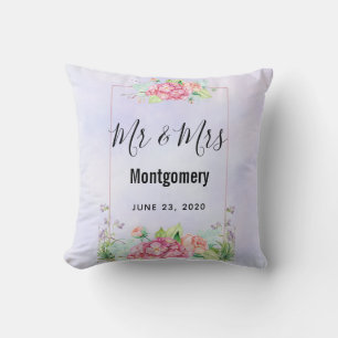 Elegante Pink Watercolor Blume Bouquet Mr. & Mrs. Kissen