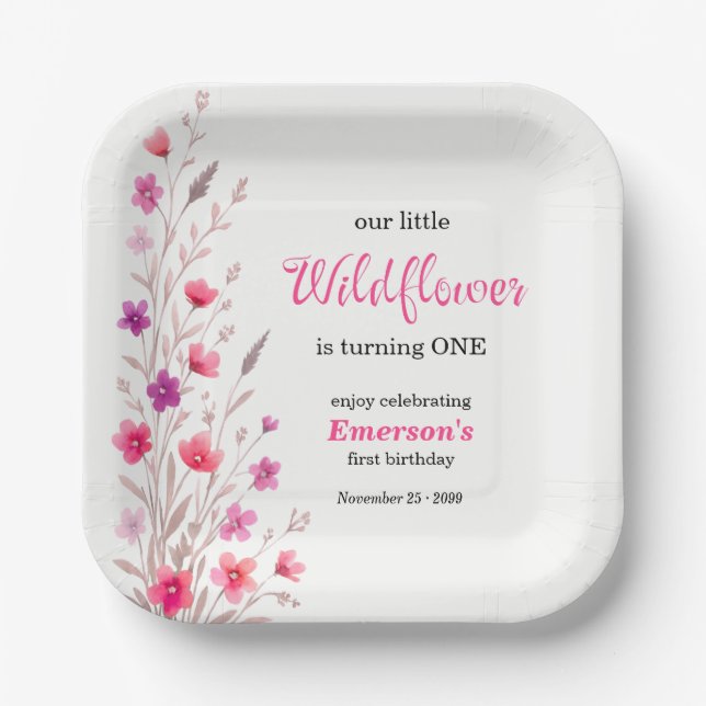 Elegante Pinke Wildblumen 1. Geburtstagsfeier Pappteller (Vorderseite)