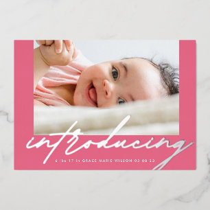 Elegante Pinks Silber Einführungsfoto Baby Folieneinladung