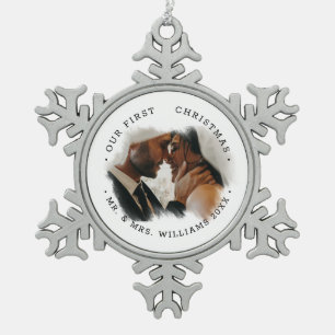 Elegante Pinselstrich-Overlay-Foto Herr und Frau Schneeflocken Zinn-Ornament