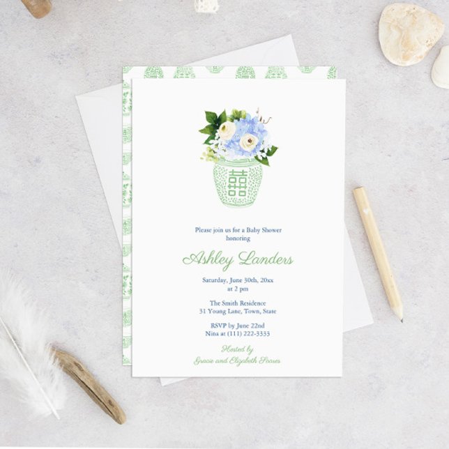 Elegante Pistachio White Gender Neutral Baby Dusch Einladung (Gender Neutral Green And White Watercolor Floral Baby Shower Invitation)