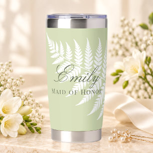 Elegante Pistazien-Grün Weiße Farn Brautjungfer Thermobecher