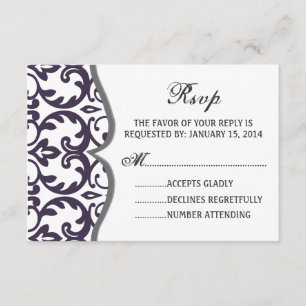 Elegante Plum Damask Heart Wedding RSVP Card Karte