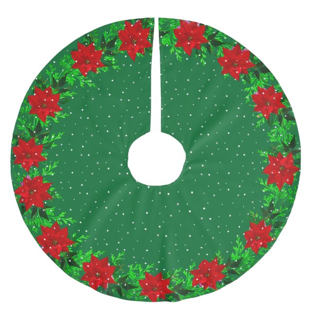 Elegante Poinsettia Blume Garland auf Grün Polyester Weihnachtsbaumdecke (Vorderseite)