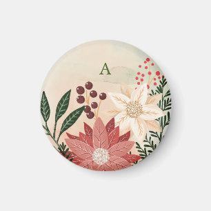 Elegante Poinsettia Monogram Holiday Watercolor Magnet