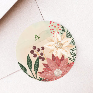 Elegante Poinsettia Monogram Holiday Watercolor Runder Aufkleber