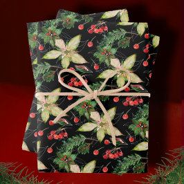 Elegante Poinsettia und Berries auf schwarz Geschenkpapier Set