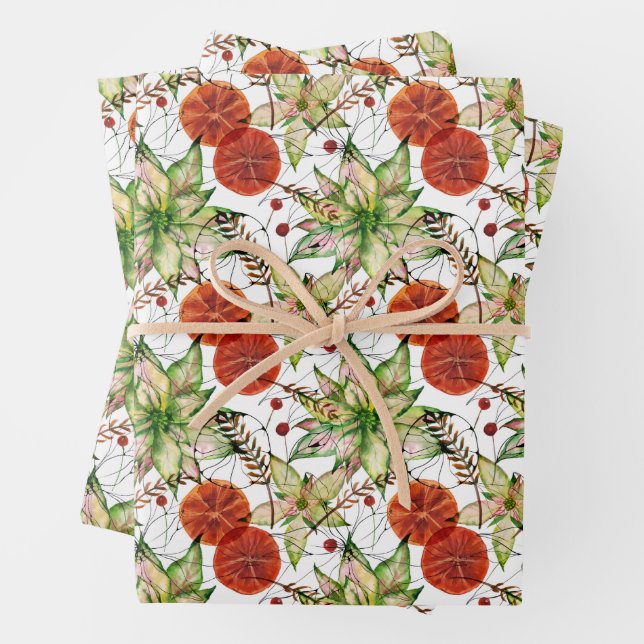 Elegante Poinsettia und Orangen Geschenkpapier Set (Beispiel)