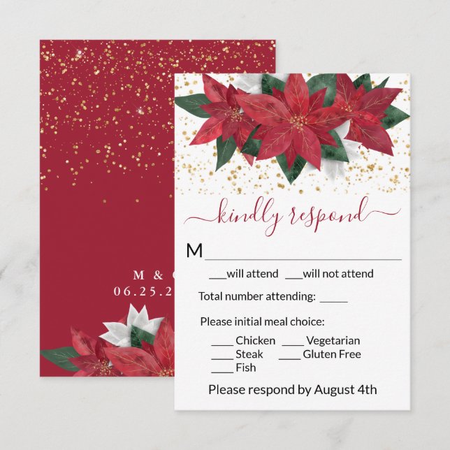 Elegante Poinsettia Weihnachtsfeier RSVP Karte (Vorne/Hinten)