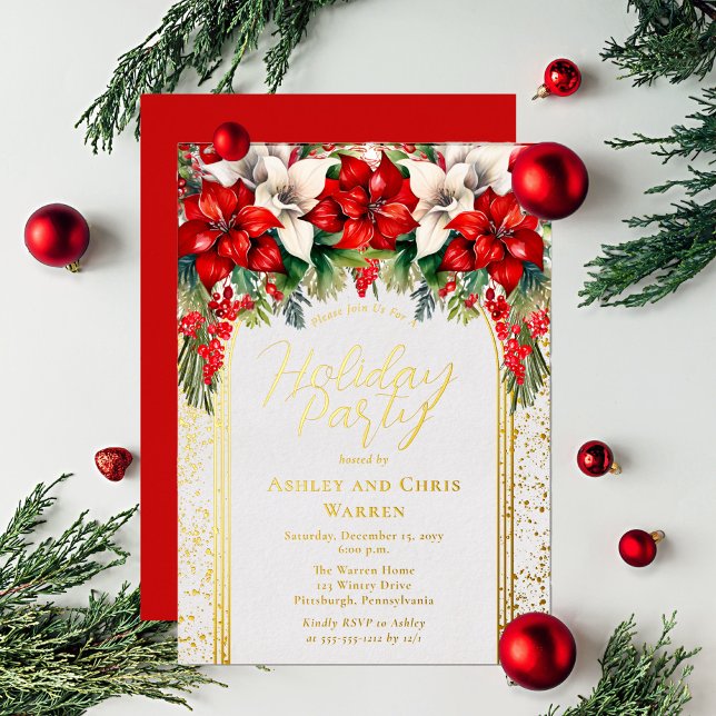 Elegante Poinsettias Floral Weihnachtsfeier Folieneinladung (Red and white poinsettias and berries bouquet, arched gold foil frame and text Holiday Party)