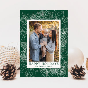 Elegante Poinsettien und Pinienzapfen grünes Foto Feiertagskarte