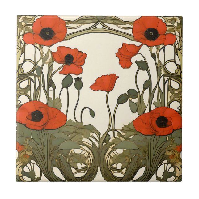Elegante Poppies Art Nouveau Fliese (Vorderseite)