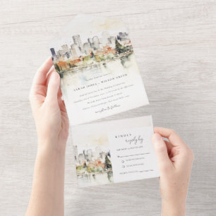 Elegante Portland Oregon Skyline Aquarell-Hochzeit All In One Einladung
