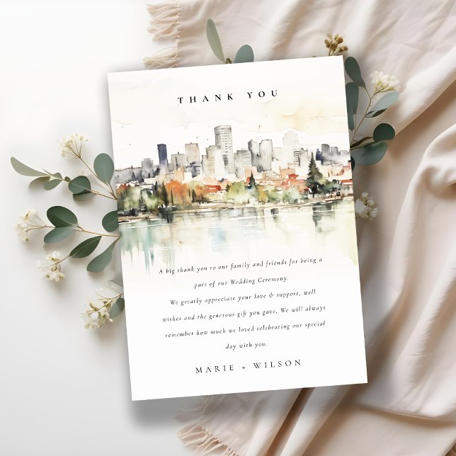 Elegante Portland Oregon Skyline Watercolor Weddin Dankeskarte (Von Creator hochgeladen)