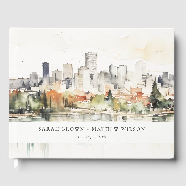 Elegante Portland Oregon Skyline Watercolor Weddin Gästebuch (Vorderseite)