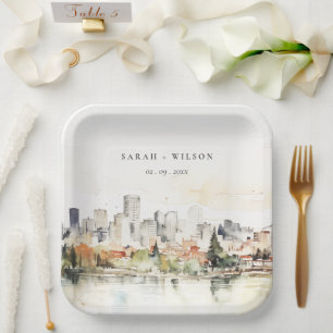Elegante Portland Oregon Skyline Watercolor Weddin Pappteller