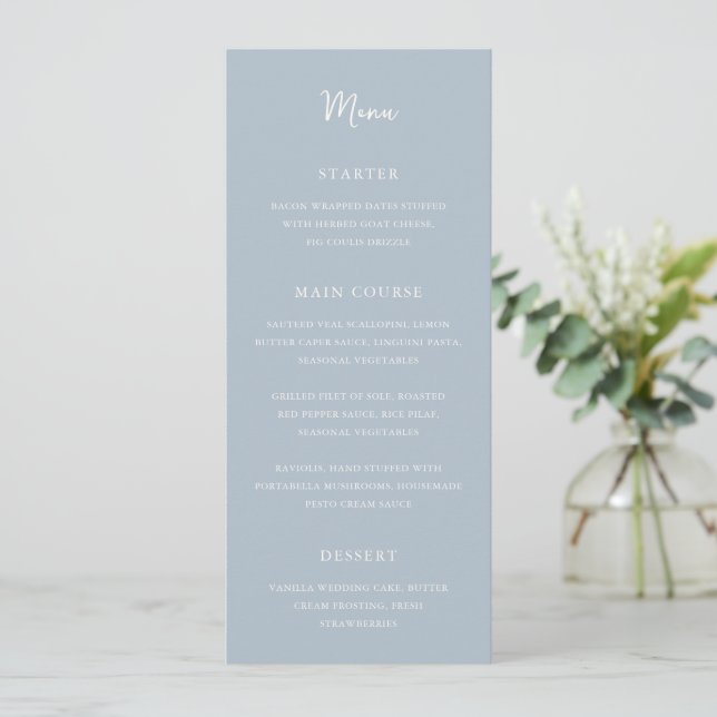 Elegante Powder Blue Modern Wedding Menükarte (Stehend Vorderseite)