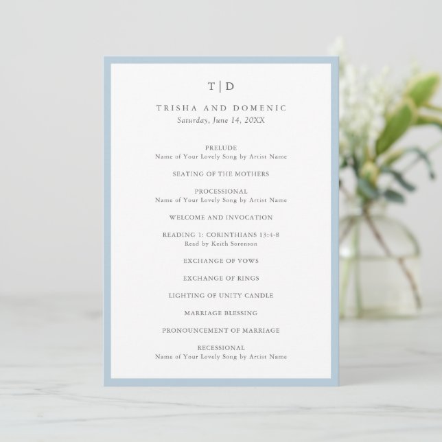 Elegante Powder Blue Monogram Modern Wedding Programm (Stehend Vorderseite)