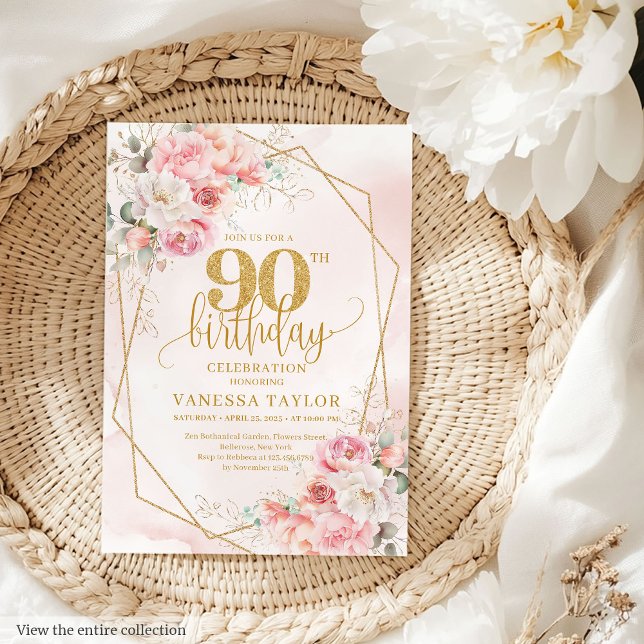 Elegante Powder Pink Gold Blume 90. Einladung (Elegant Powder Pink Gold Flowers 90th Invitation)