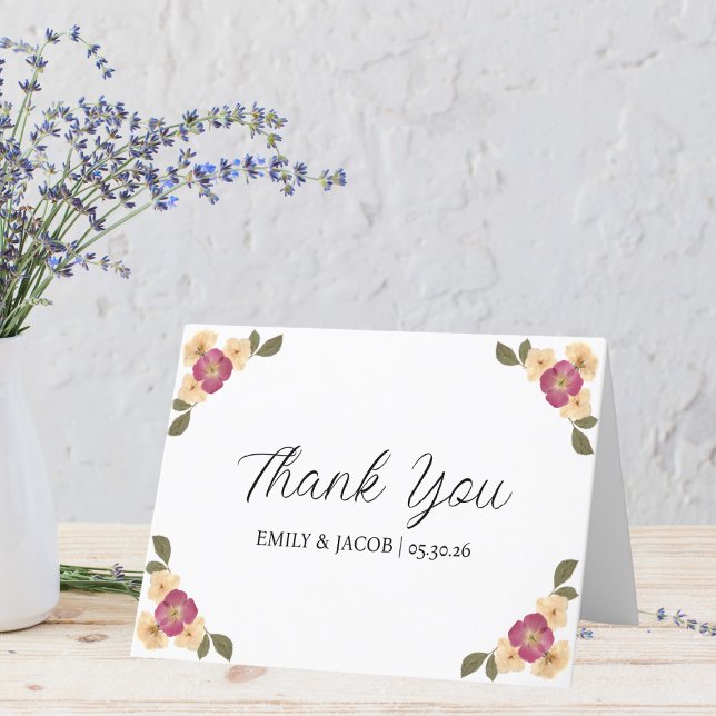 Elegante Pressed Wildblumen Boho Garden Wedding Dankeskarte (Von Creator hochgeladen)