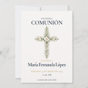 Elegante Primera-Comunión-Kreuz Botanisch Einladung