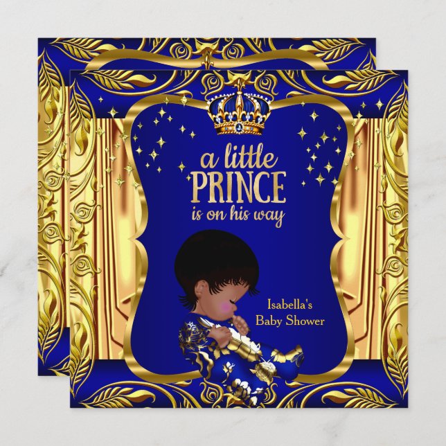 Elegante Prince Baby Duwer Blue Gold Ethnic Einladung (Vorne/Hinten)