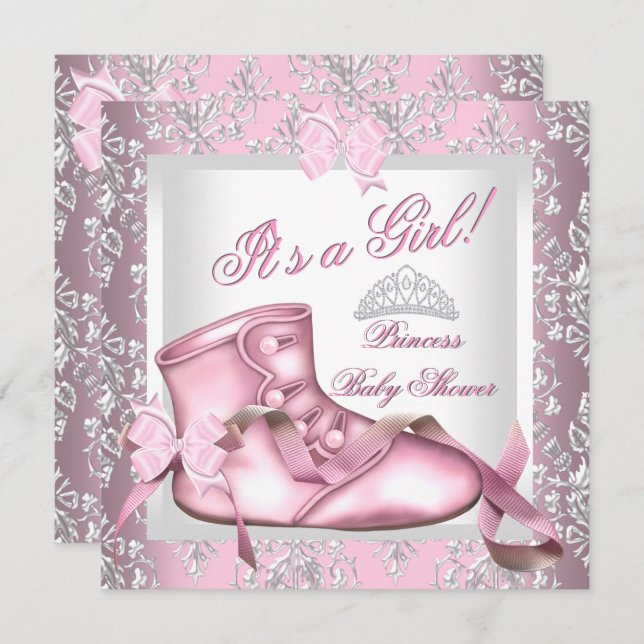Elegante Princess Baby Shower Girl Pink Damask 4E Einladung (Vorne/Hinten)
