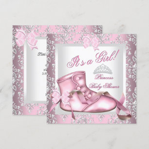 Elegante Princess Baby Shower Girl Pink Damask 4E Einladung