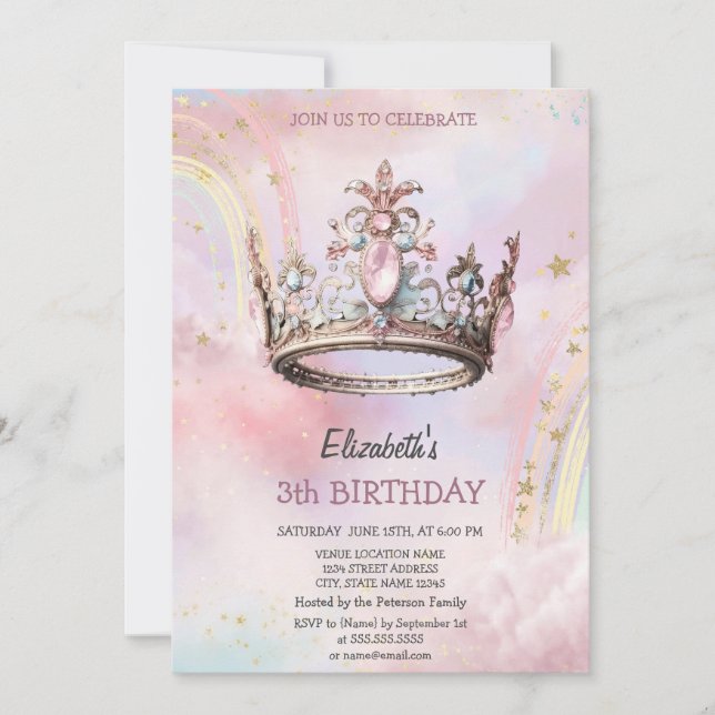 Elegante Princess Crown Castle Rainbow Geburtstag Einladung (Vorderseite)