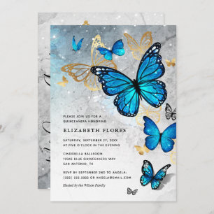 Elegante Princess Gold Blue Butterfly Quinceanera Einladung