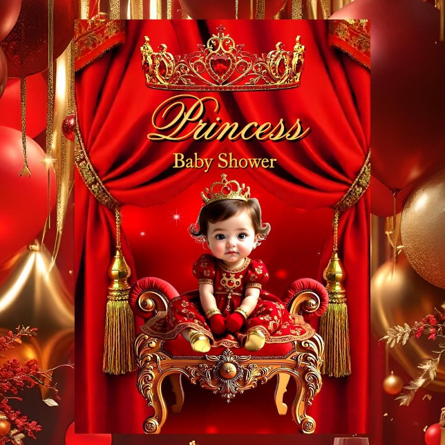 Elegante Princess Red Gold Niedlich Baby Dusche Einladung (Von Creator hochgeladen)