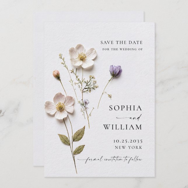 Elegante Print Pressed Pastel Boho Blume Hochzeit Save The Date (Vorne/Hinten)