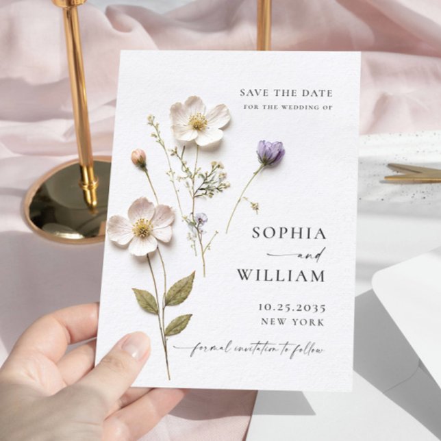 Elegante Print Pressed Pastel Boho Blume Hochzeit Save The Date (Von Creator hochgeladen)