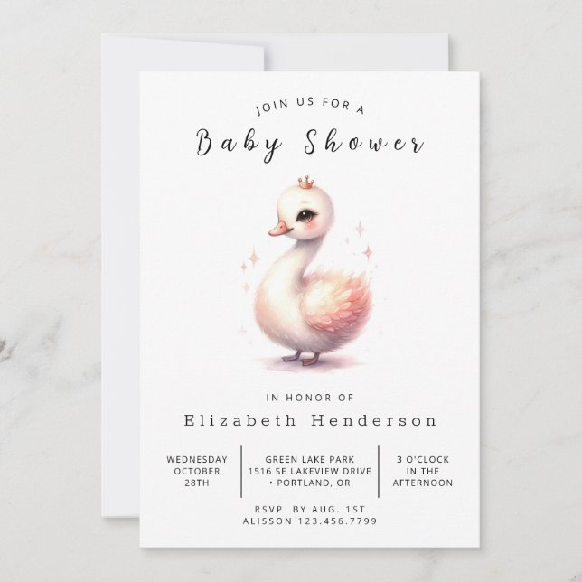 Elegante Printable Swan Baby Shower Einladung (Vorderseite)