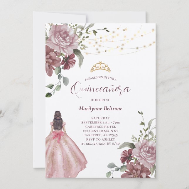 Elegante Prinzessin Floral Quinceñera Einladung (Vorderseite)