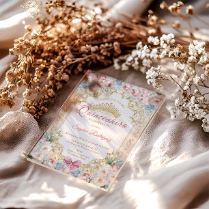 Elegante Prinzessin Rosa Schleife Floral Quinceane Acryleinladungen