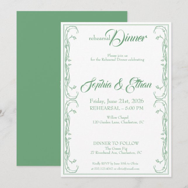 Elegante Probe Dinner Einladung - Grüne Rose F (Vorne/Hinten)