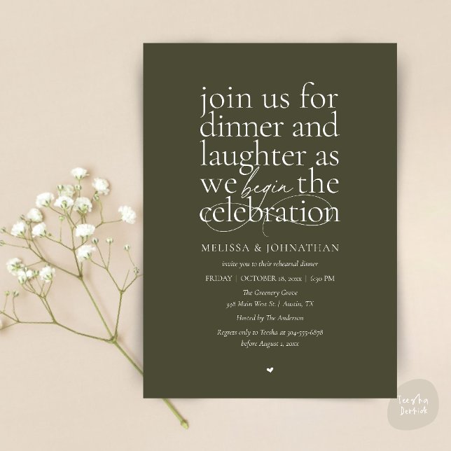 Elegante Probe-Dinner-Liebe & Lachen Minimal Einladung (Modern Elegant Rehearsal Dinner Love & Laughter Celebration begins Invites Card in Olive Green)