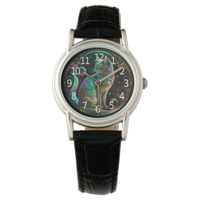 Elegante Psychedelic Cat Moderne Kunst | Armbanduhr (Vorderseite)