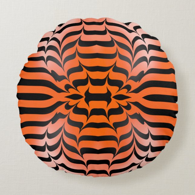 Elegante Psychedelic Orange Black Tiger Skin Print Rundes Kissen (Vorderseite)