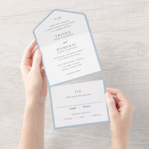 Elegante, pulverblaue Monogramm-Moderne Hochzeit All In One Einladung