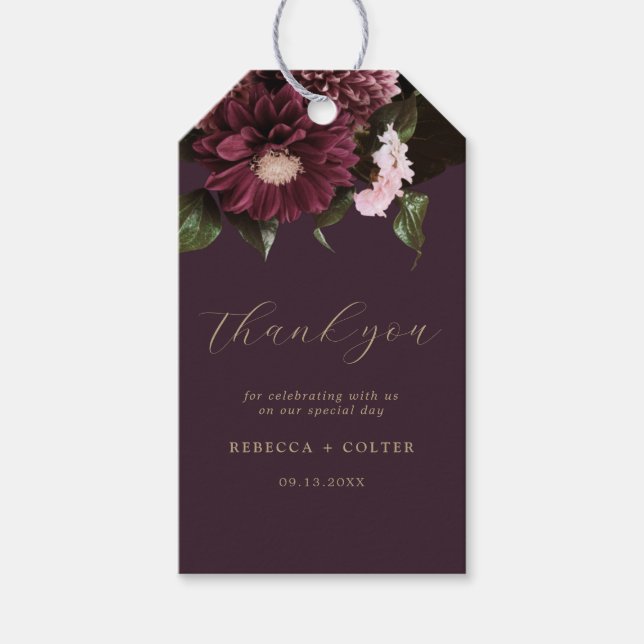 Elegante Pum Lila Burgund Blumenhochzeit Geschenkanhänger (Vorderseite)