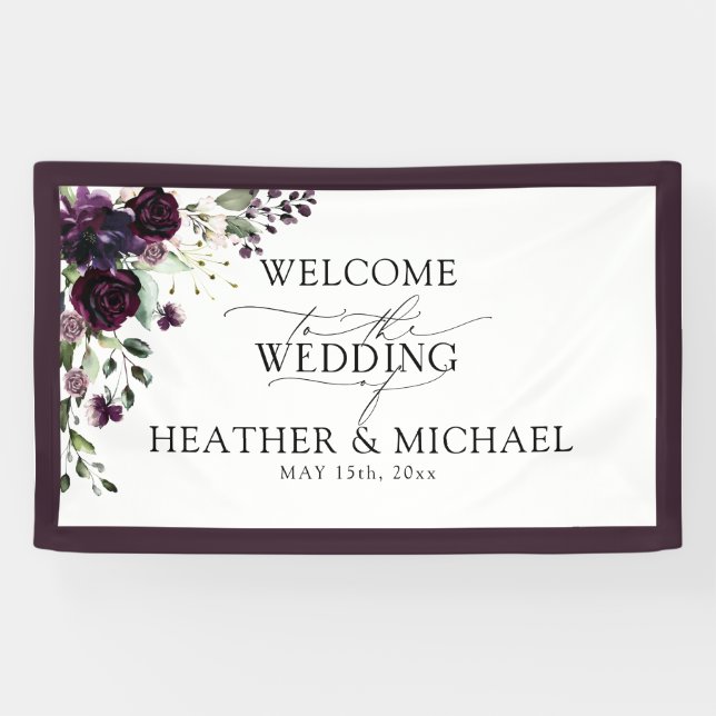 Elegante Pum Lila Mauve Floral Watercolor Script Banner (Horizontal)