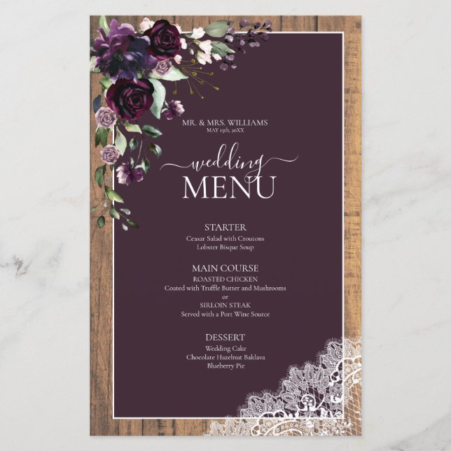 Elegante Pum Lila Rustic Wood Script Wedding (Vorderseite)
