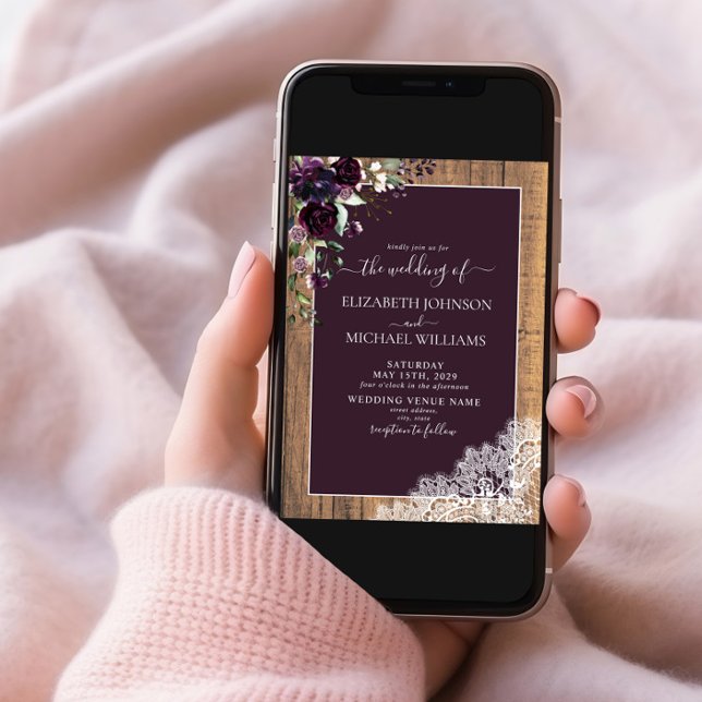 Elegante Pum Lila Rustic Wood Script Wedding Einladung (Von Creator hochgeladen)