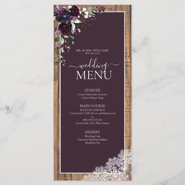 Elegante Pum Lila Rustic Wood Script Wedding Menükarte (Vorderseite)