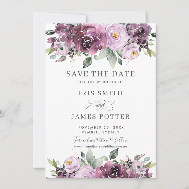 Elegante Pum Mauve Lila Blumenhochzeit Save The Date (Vorderseite)
