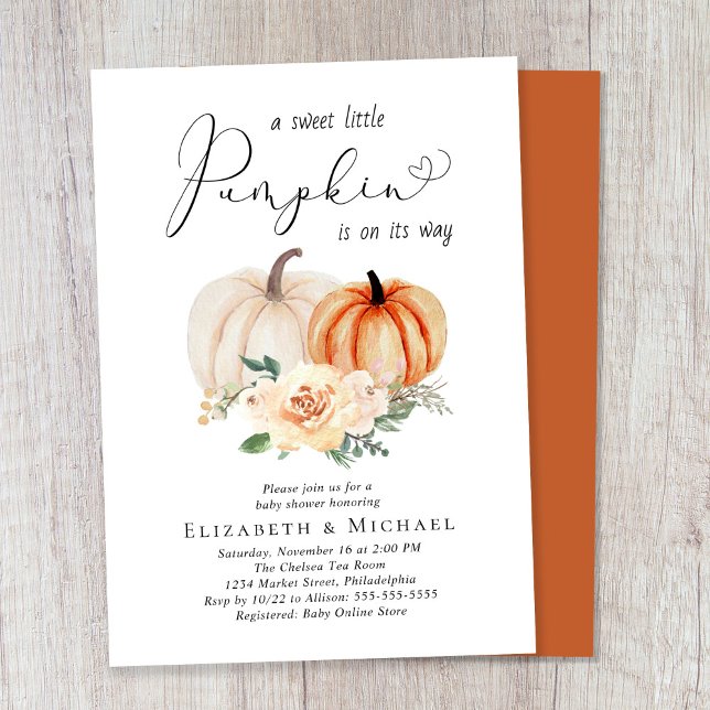 Elegante Pumpkin Watercolor Paare Kinderdusche Einladung (Celebrate the upcoming arrival of your sweet autumn baby with a couple's pumpkin-themed baby shower)